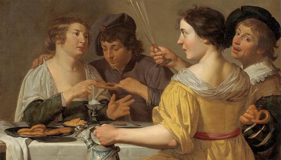 Jan van Bijlert, Het trekken aan de krakeling (Pulling the pretzel), 1630-1640. 90.5X119cm. Oil on Canvas. Centraal Museum, Utrecht. https://nl.wikipedia.org/wiki/Het_trekken_aan_de_krakelingPublic Public domain.